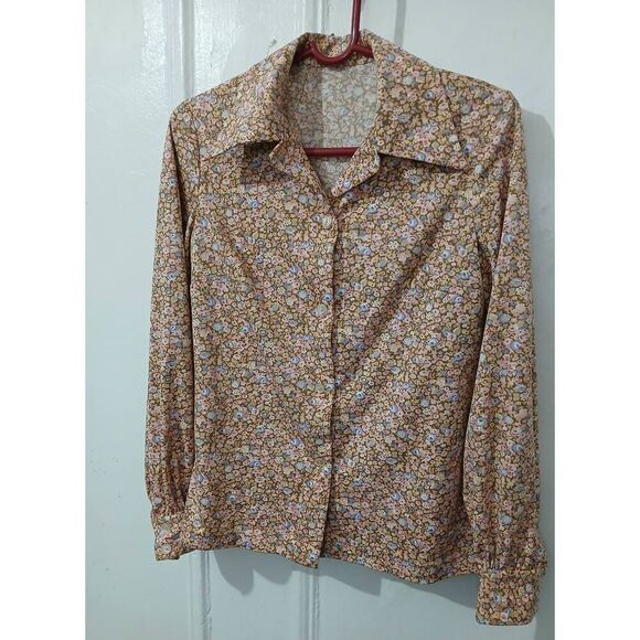 RARE 60's 70's vintage ditsy Floral button front blouse dusty rose women medium - Picture 1 of 7